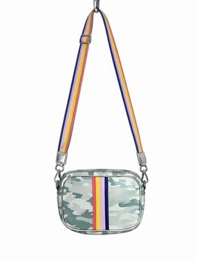 Green Camo Crossbody Bag with Rainbow Strap and silver strap